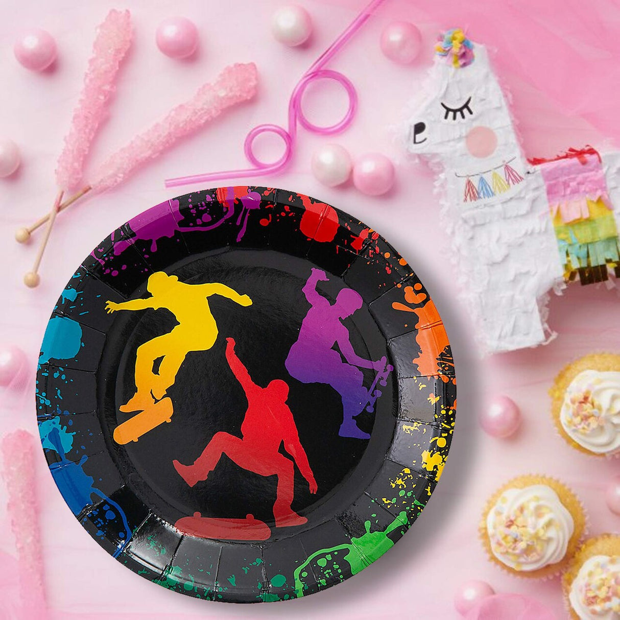 8 Ct. Skateboard Party Kick Flip Paper Dessert Plates 7.25-Inch Plates