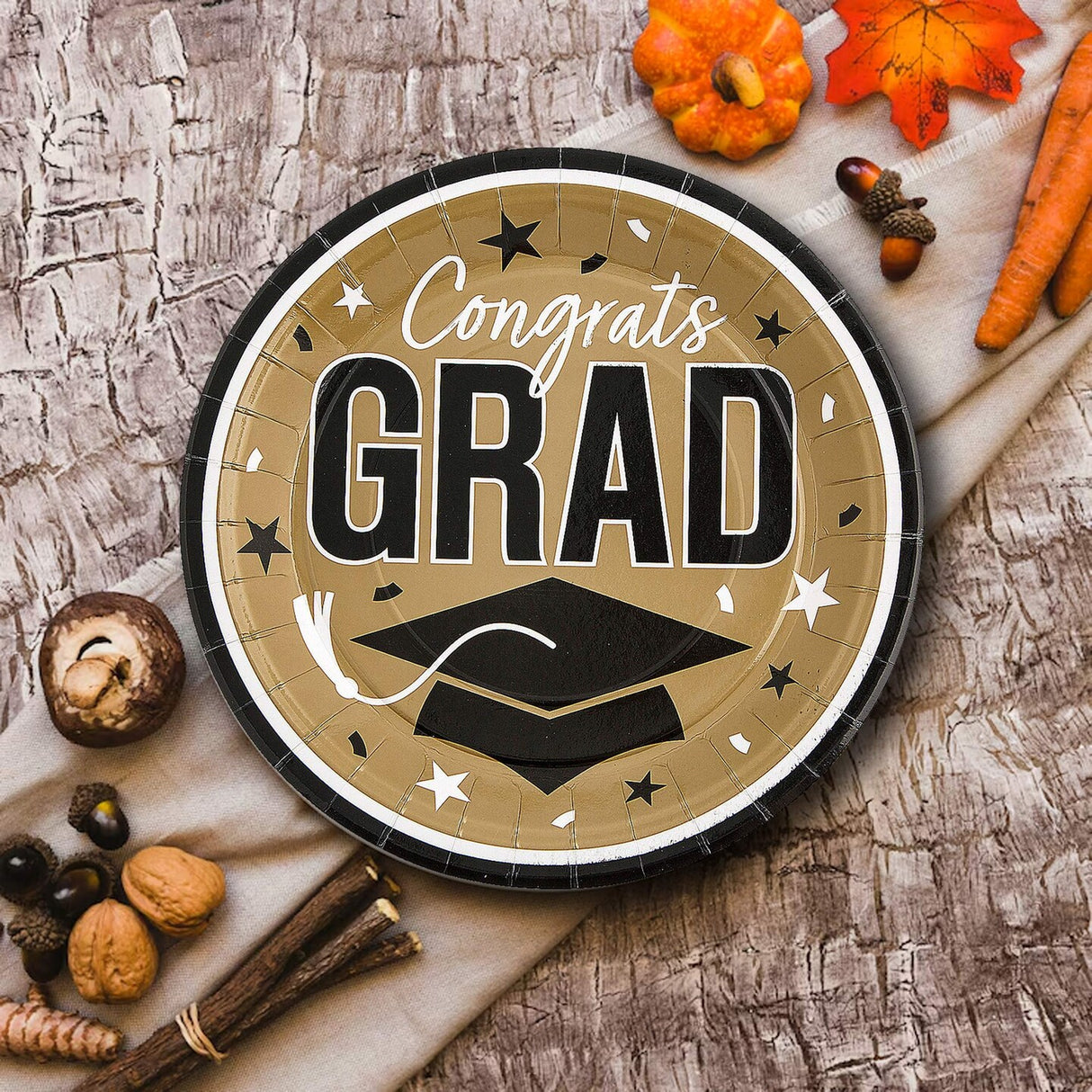25 Count Gold Congrats Grad 9 Inch Paper Plates for Glam Graduation Parties