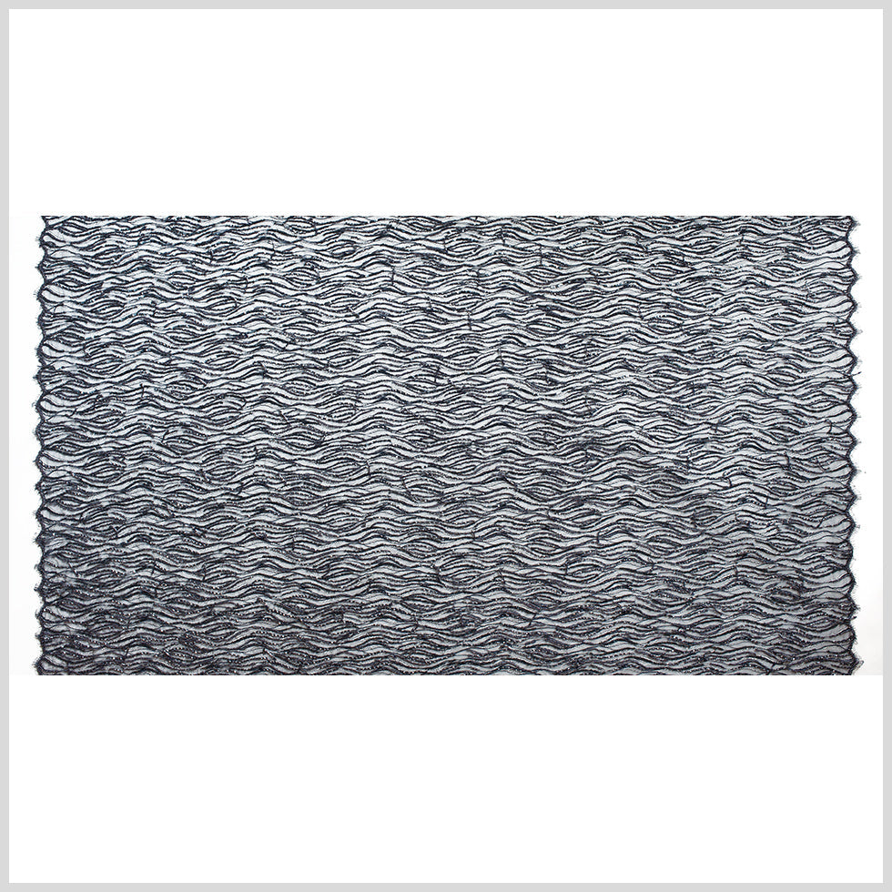 Beaded and Sequined Lace with Scallop Edge - Dark Navy Abstract