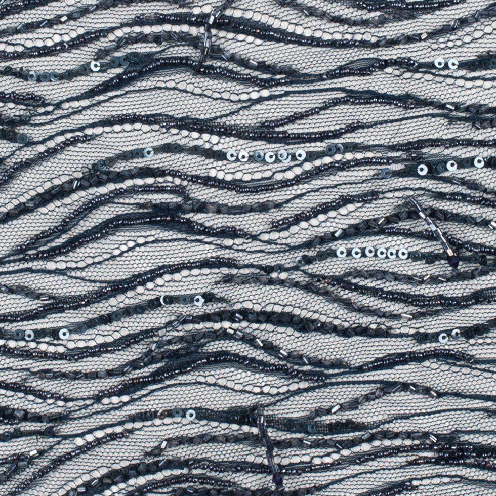 Beaded and Sequined Lace with Scallop Edge - Dark Navy Abstract