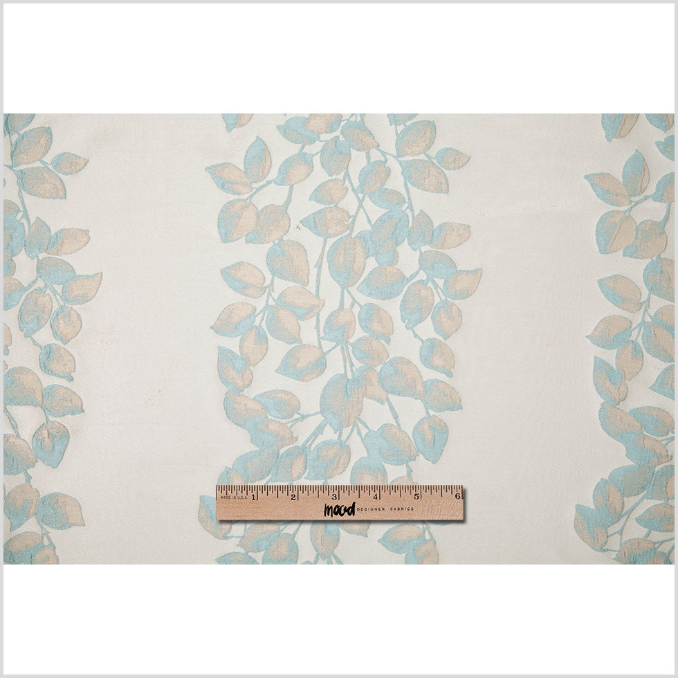 Ivory and Aqua Columns of Leaves Brocade