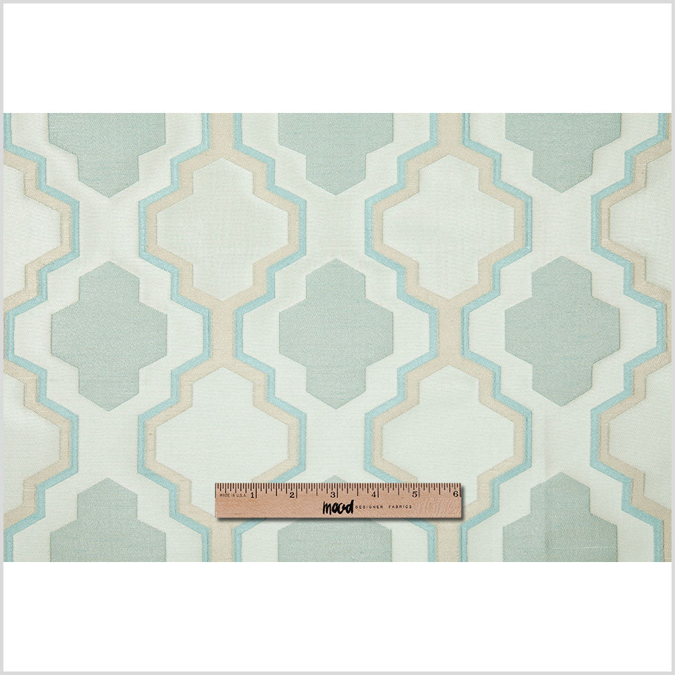 Ivory and Aqua Geometric Lines and Shapes Satiny Brocade