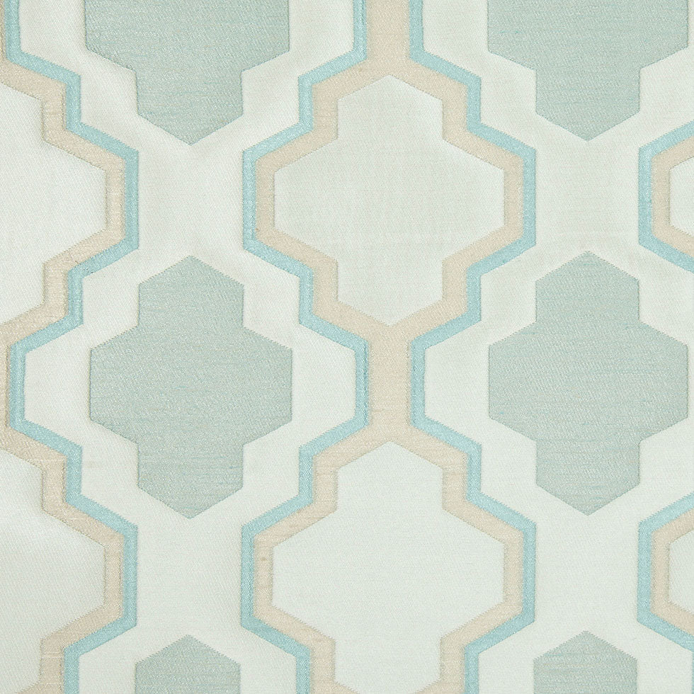 Ivory and Aqua Geometric Lines and Shapes Satiny Brocade
