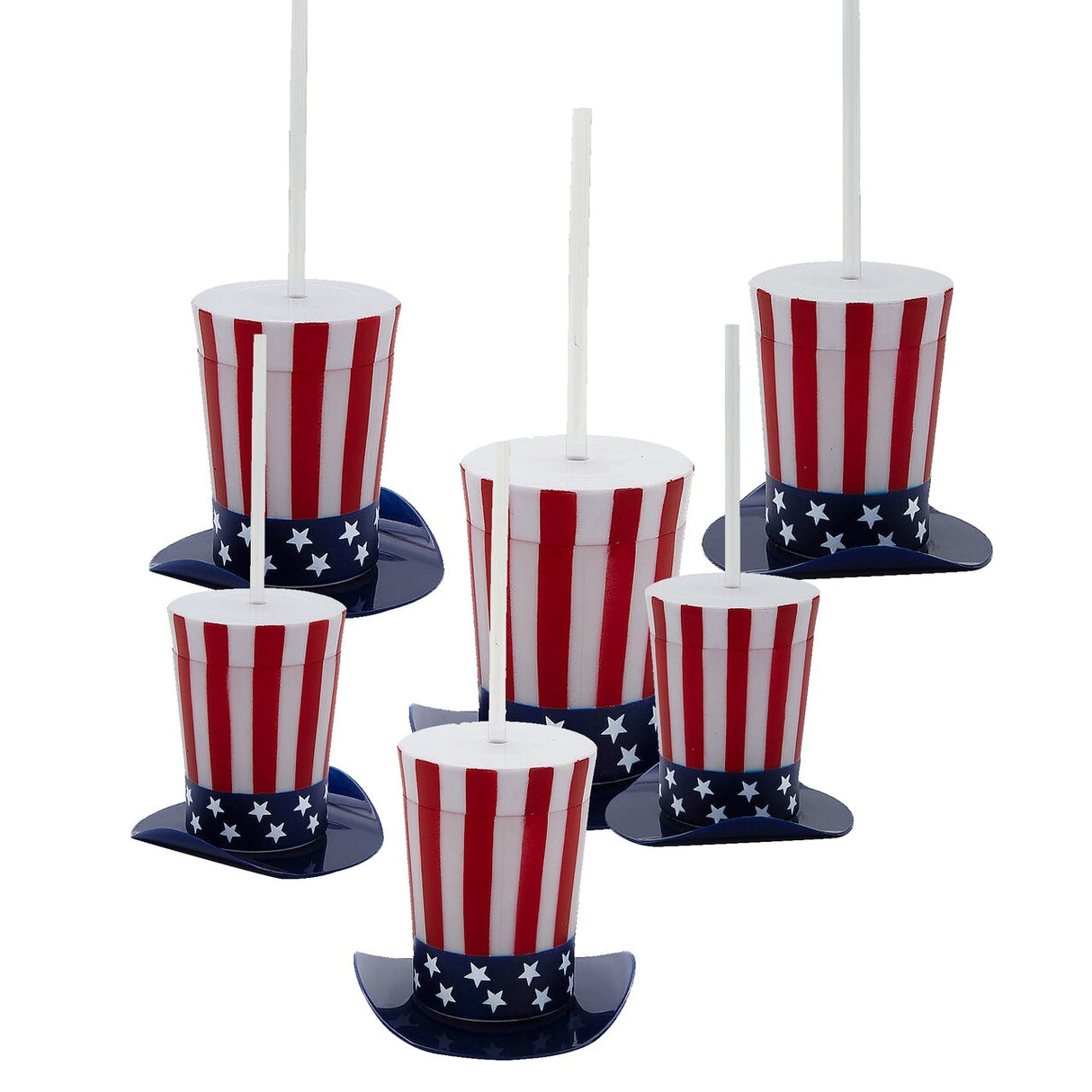 4 1/4" 14 oz. Patriotic Top Hat-Shaped Straw Cups with Lids 12 Pieces