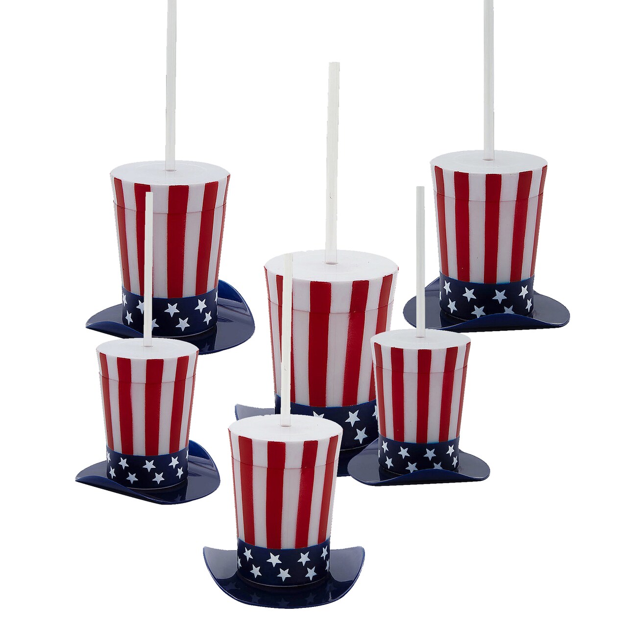 4 1/4" 14 oz. Patriotic Top Hat-Shaped Straw Cups with Lids 12 Pieces