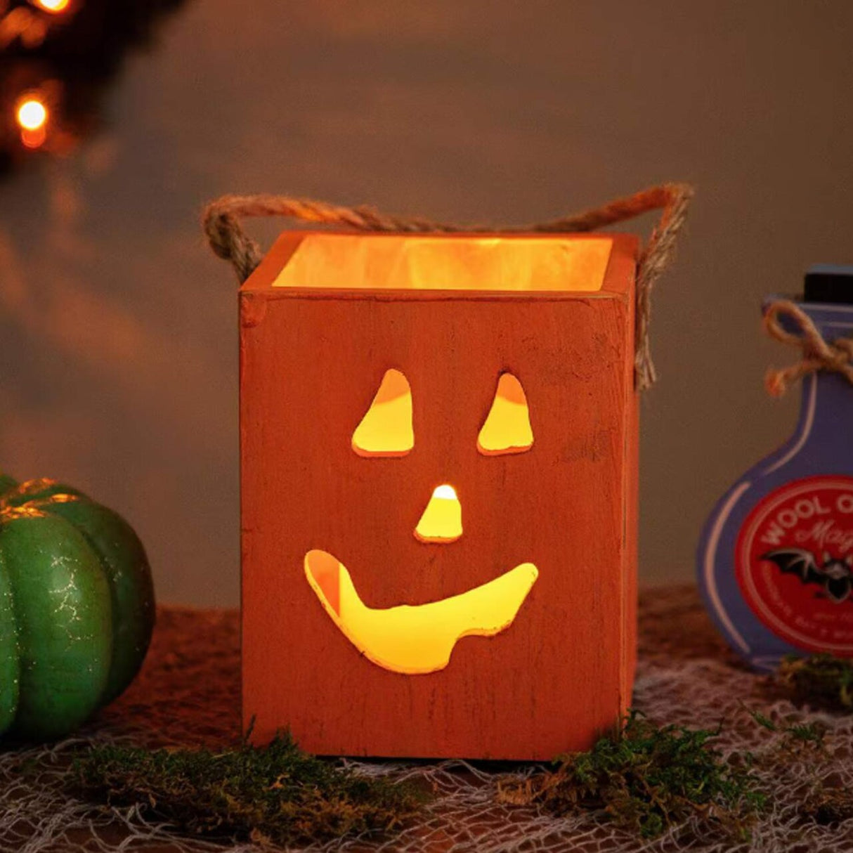 6.25 in Small Orange Wood Jack O Lantern Halloween Candle Holder