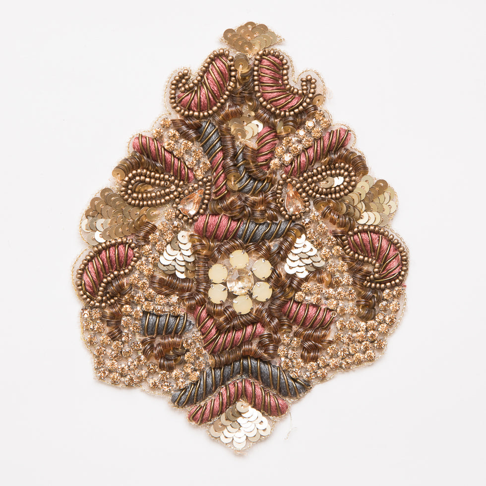 Gold and Brown Beaded Rhinestone Applique - 4"