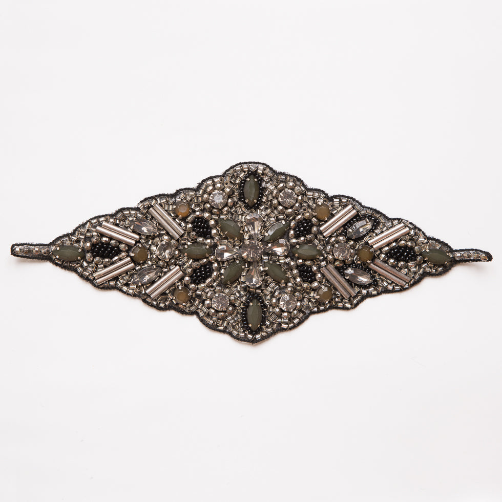 Silver and Green Beaded Rhinestone Applique - 9"