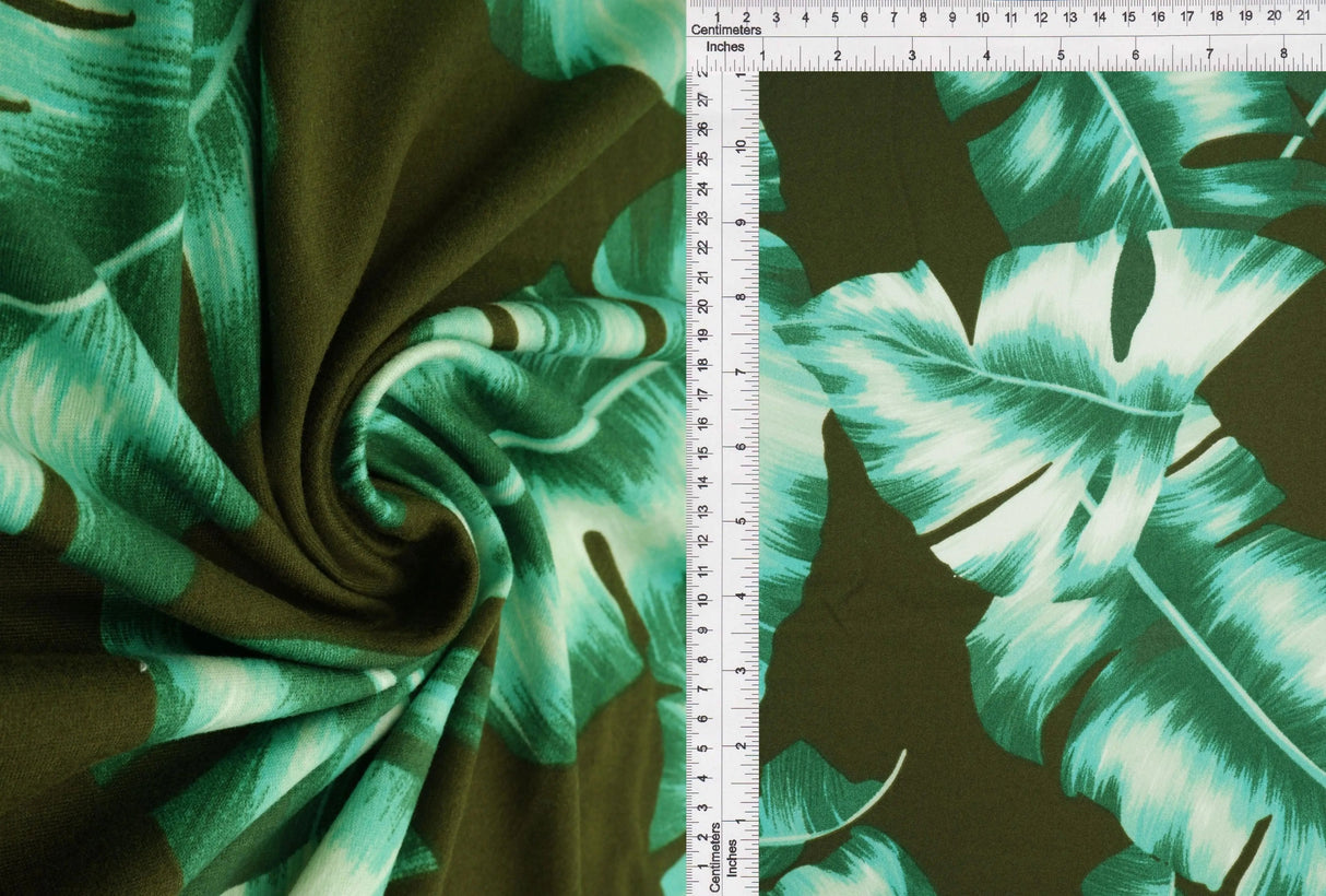 1 Yard Tropical Hawaiian Leaf DTY Brushed Knit Fabric Soft Stretch Polyester Spandex 58/60 Inches Wide