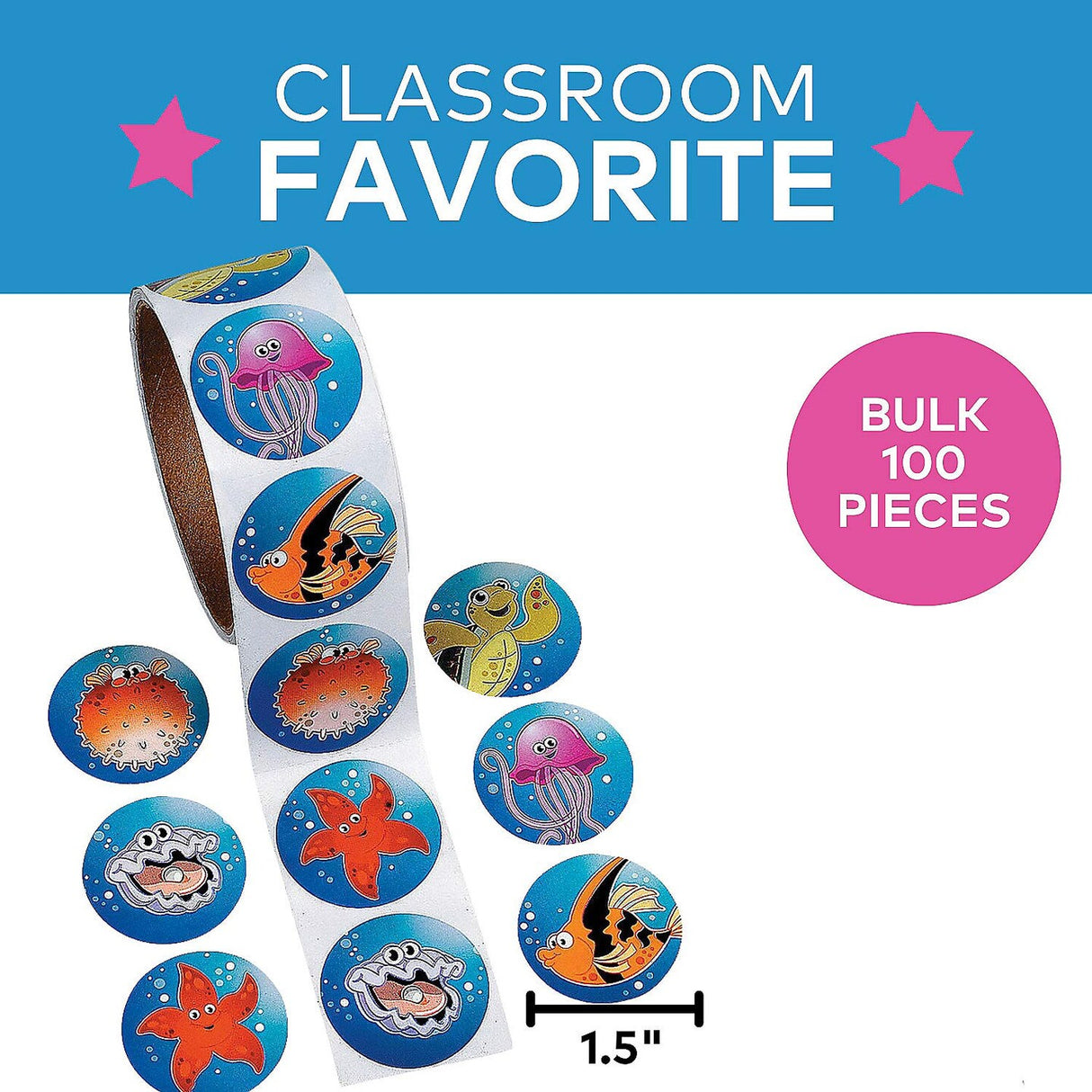 1 1/2" Multicolor Tropical Sea Creatures Paper Sticker Roll 100 Pc