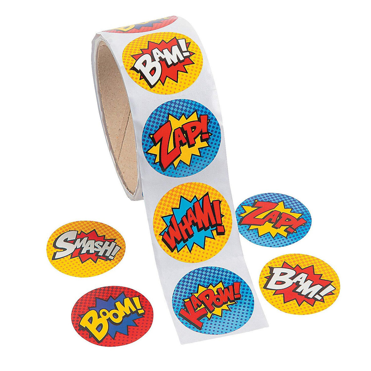 1 1/2" Superhero Comic Book Sound Effect Paper Sticker Roll 100 Pc
