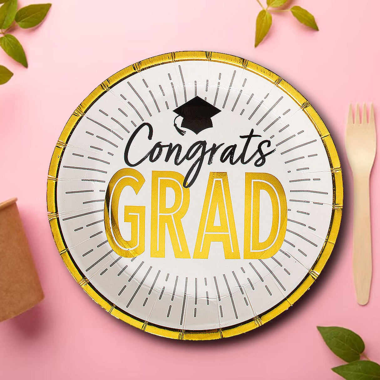 25 Count Black and Gold Graduation Party Congrats Grad Paper Dessert Plates 7 Inch