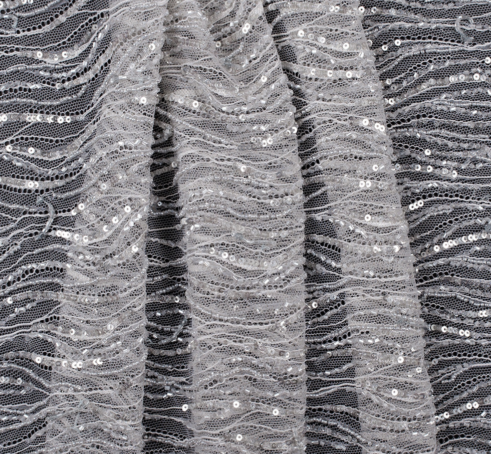 Beaded and Sequined Lace with Scallop Edge - Silver Abstract