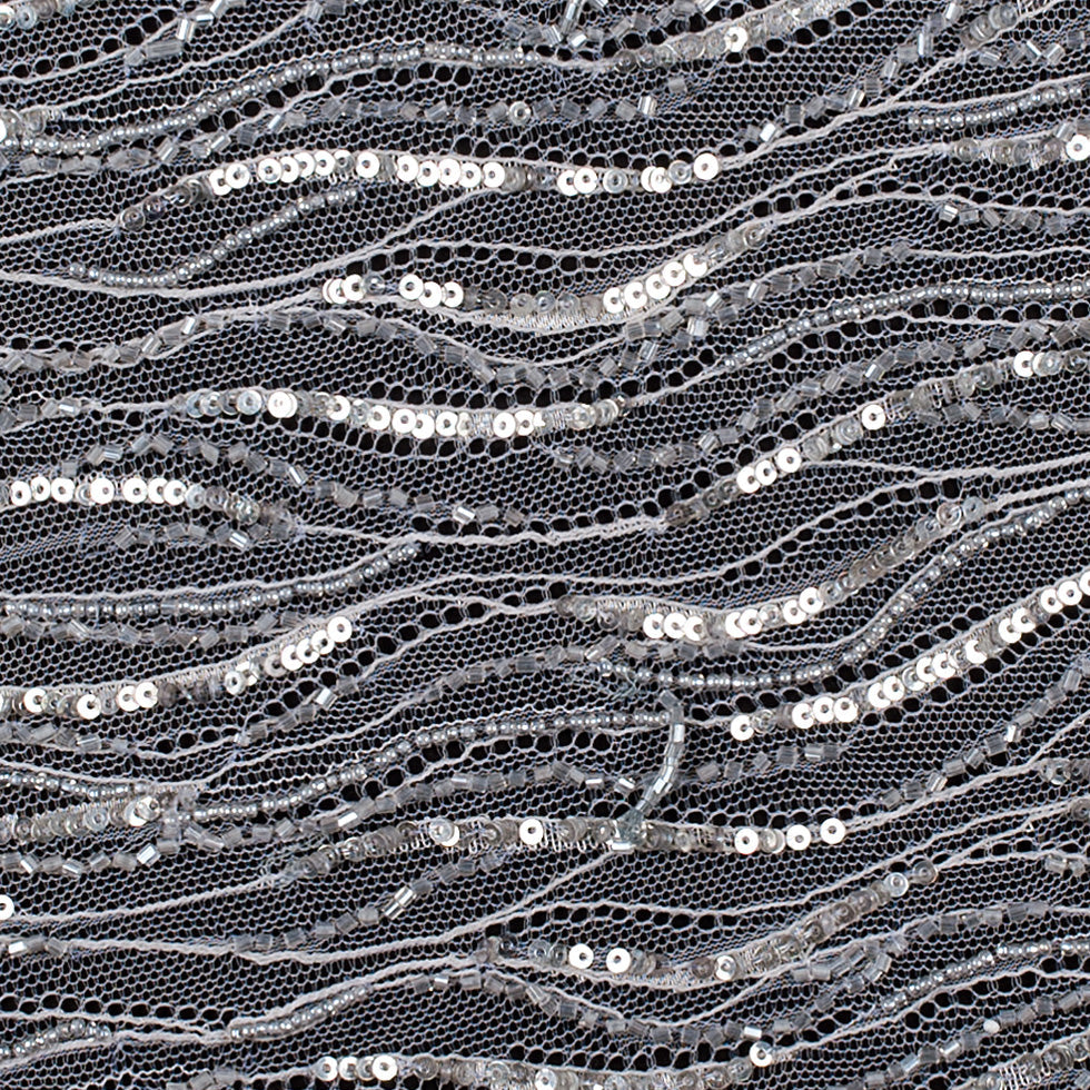 Beaded and Sequined Lace with Scallop Edge - Silver Abstract
