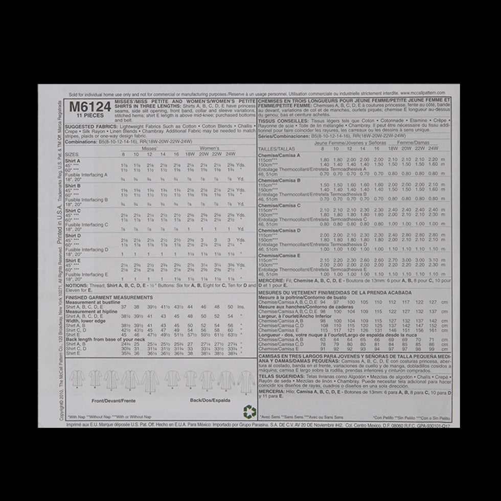 McCall's Shirt Pattern M6124 Size RR