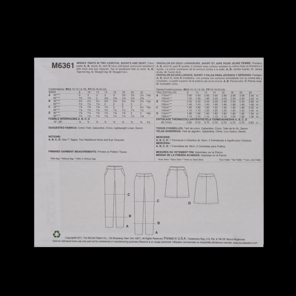 McCall's Bottom Pattern M6361 Size B5