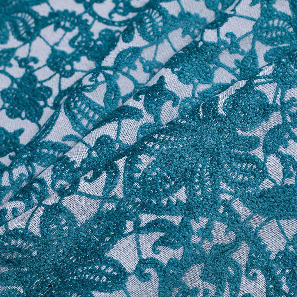Turquoise Polyester-Viscose Embroidered Woven