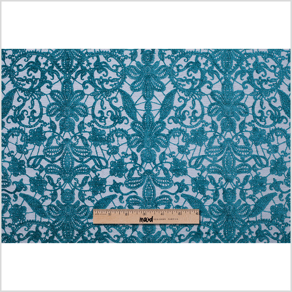 Turquoise Polyester-Viscose Embroidered Woven