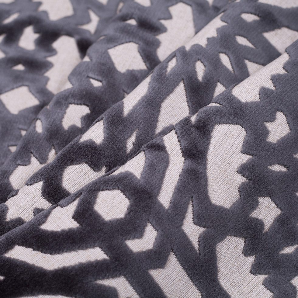 Gunmetal Geometric Polyester-Acrylic-Flax Flocked Chenille