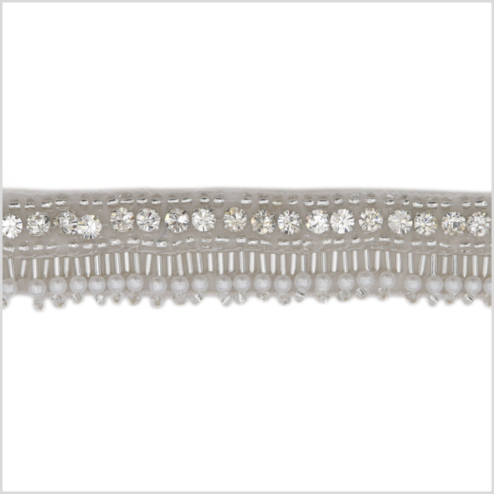 0.75" Pearl White/Silver Beaded Rhinestone Trim
