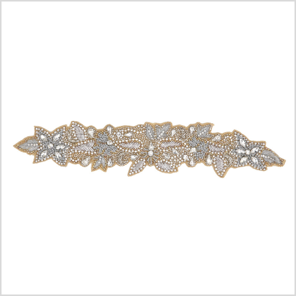 Silver/Beige Beaded Rhinestone Applique