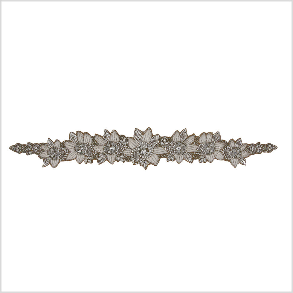 Silver/Ivory/Dark Beige Beaded Rhinestone Applique