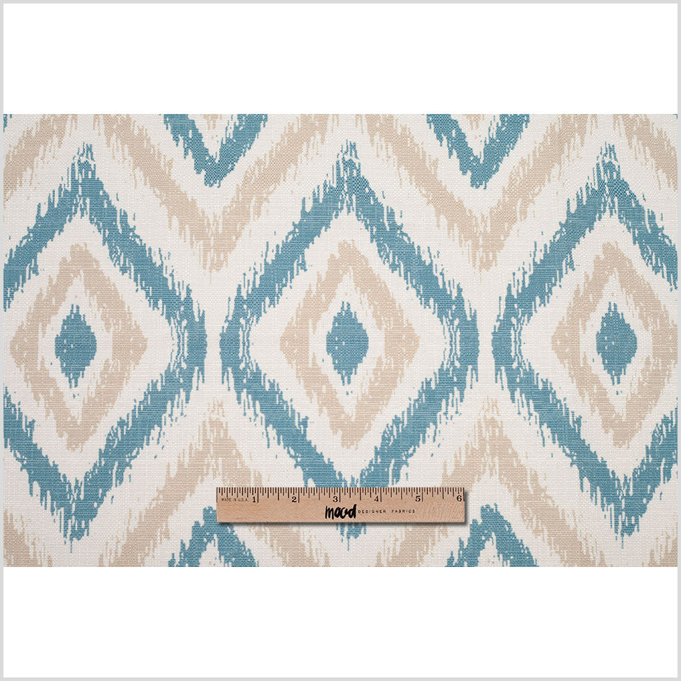 Spanish Blue/Beige Ikat-Like Geometric Poly/Cotton Canvas