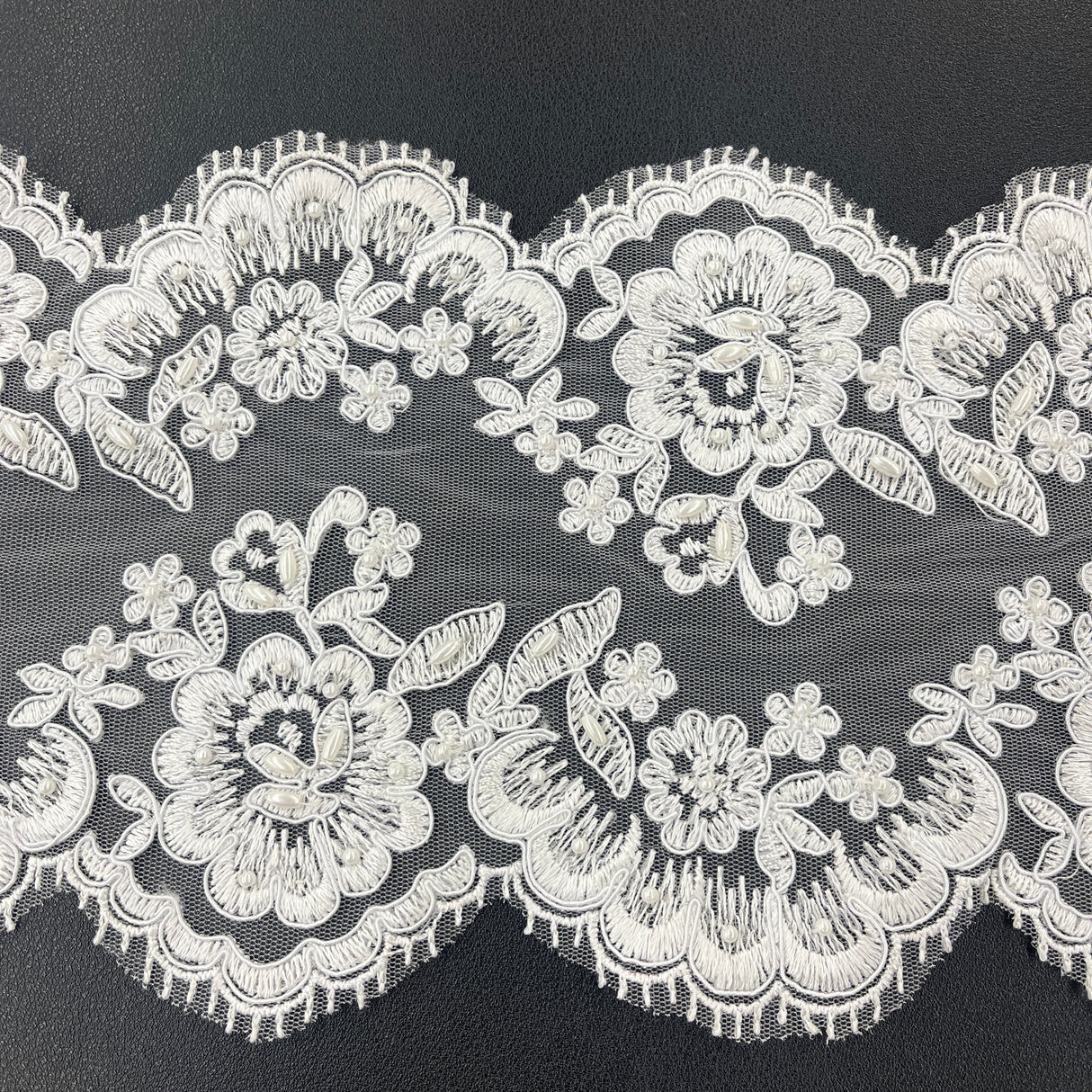 Beaded Corded Floral Lace Trim White
