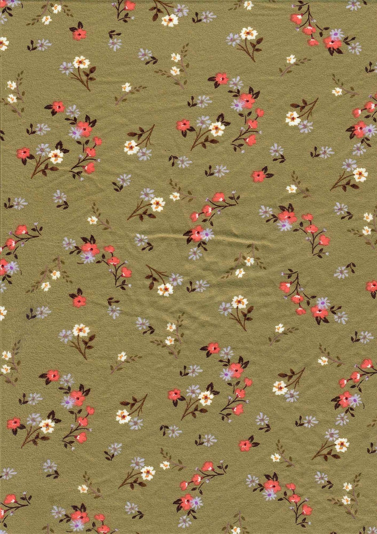 1 Yard Olive Vintage Ditsy Floral Brushed DTY Knit Fabric Soft Stretch 58/60" Wide