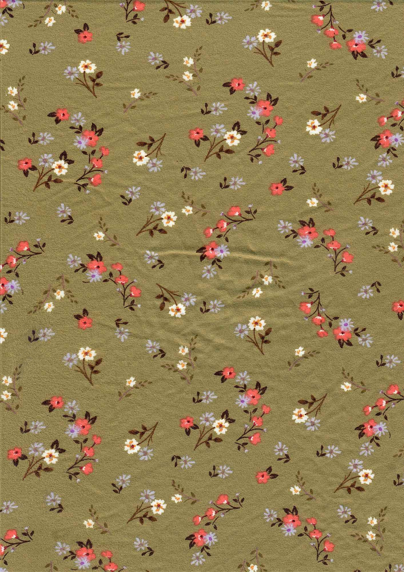 1 Yard Olive Vintage Ditsy Floral DTY Brushed Knit Fabric Soft Stretch 58 Inches Wide