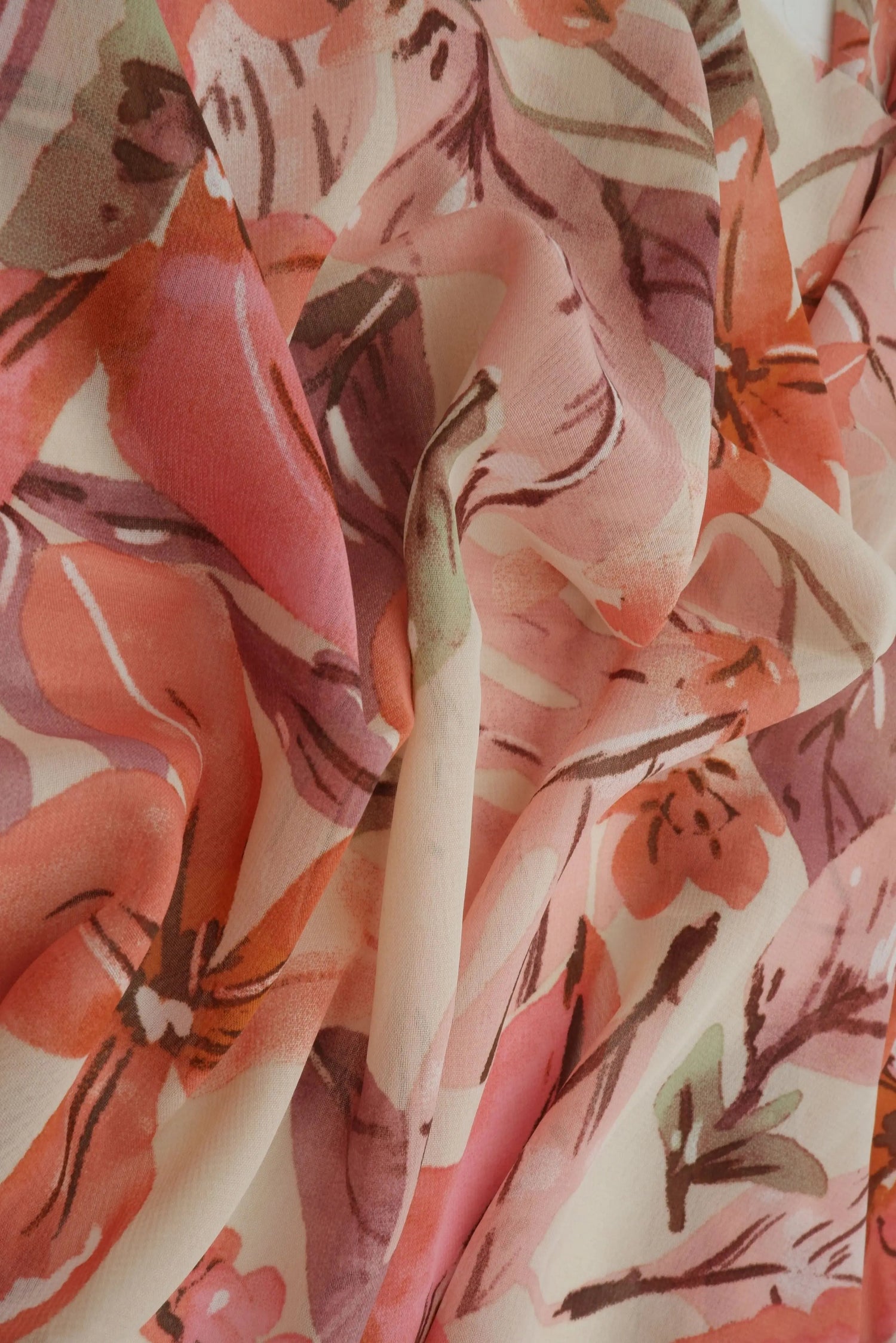 Sand & Rust Hi Multi Chiffon Fabric 1 Yard Big Floral Print Lightweight Drape 57" Wide