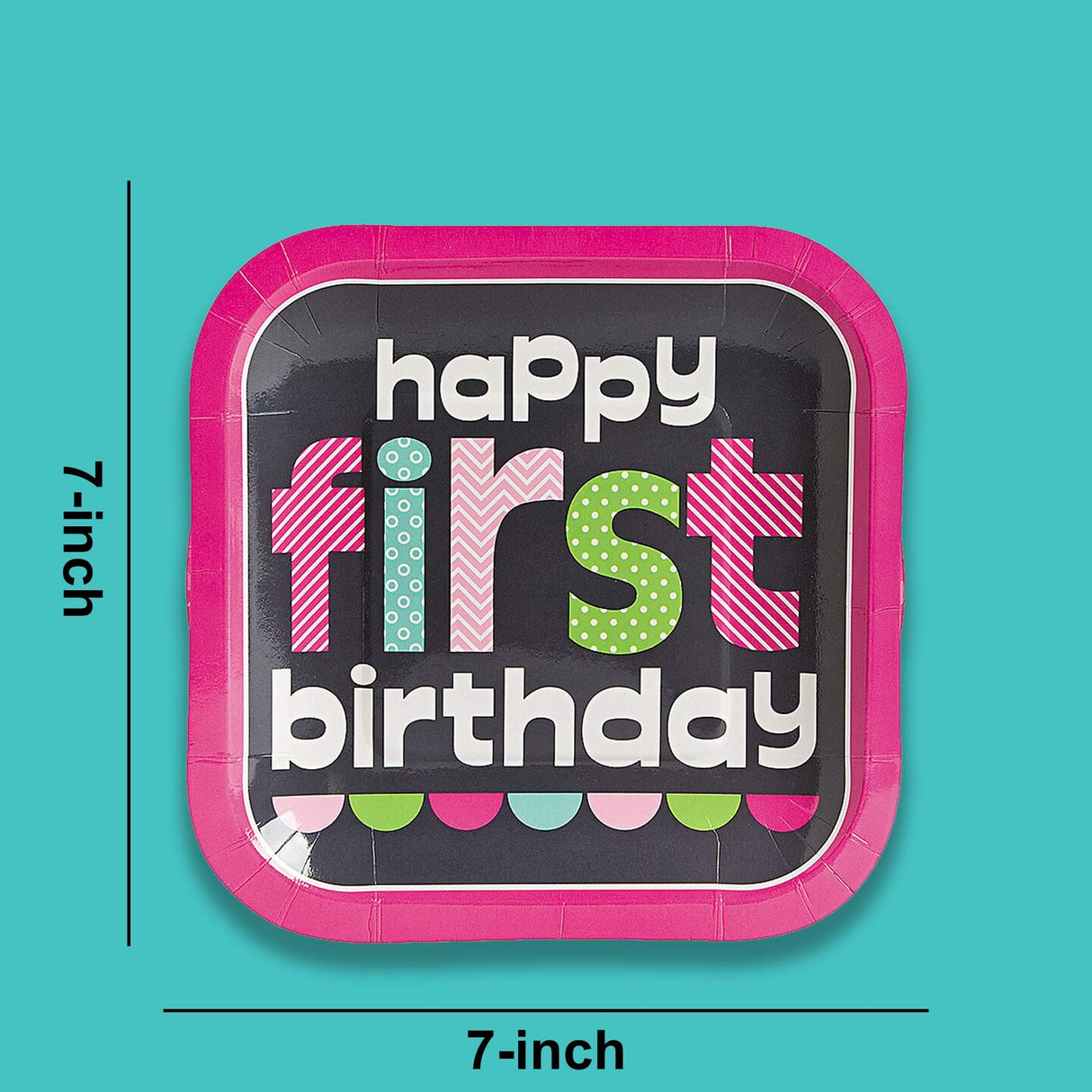 8 Ct. Pink Chalkboard 1st Birthday Dessert Plates Square 7"