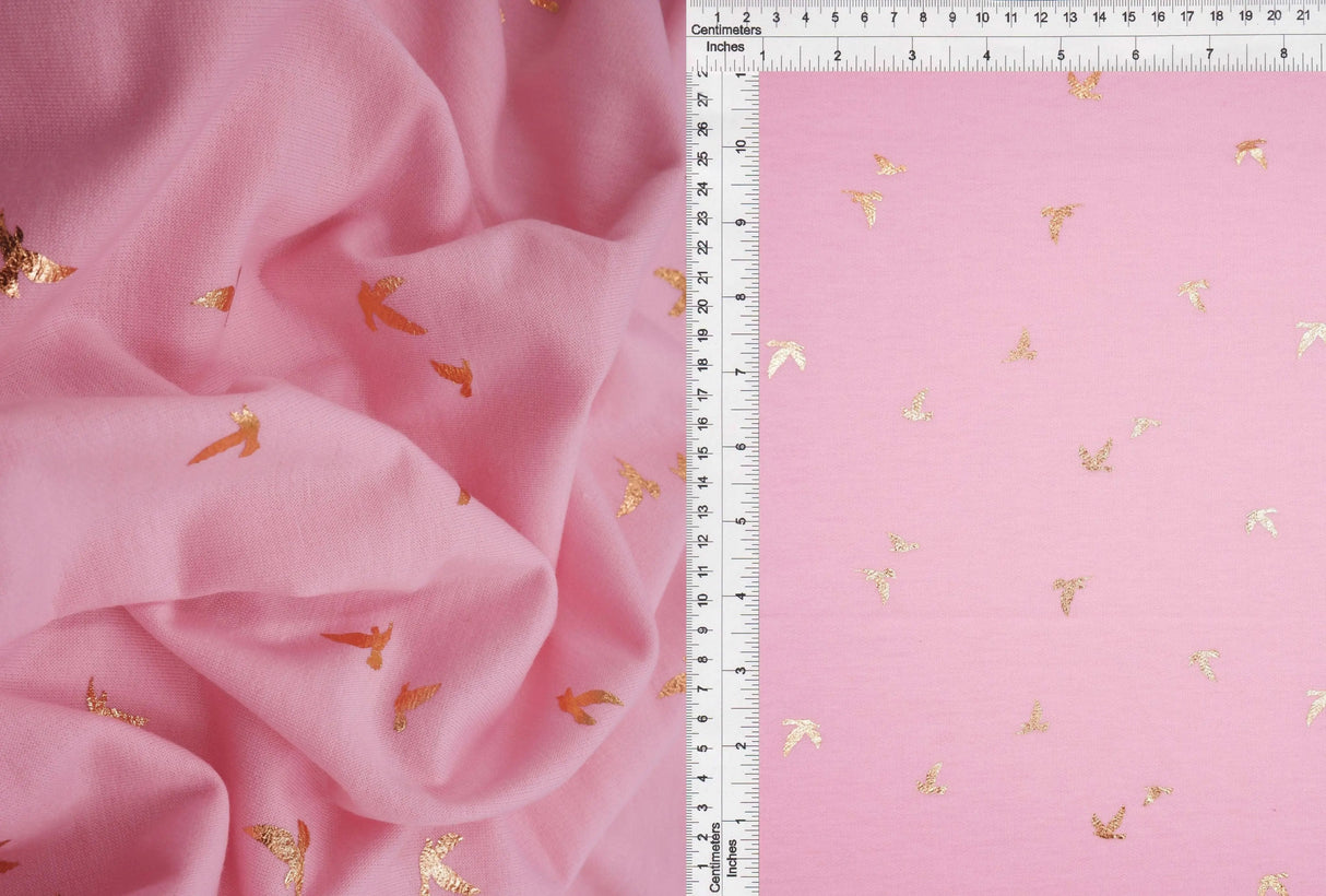 1 Yard Bird Foil French Terry Knit Fabric Soft Stretch 58 Inches Wide