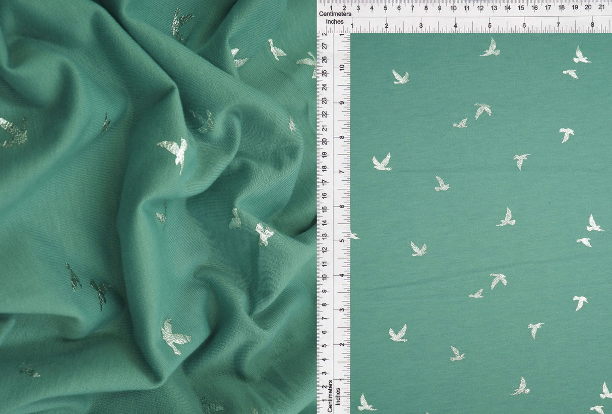 1 Yard Bird Foil French Terry Knit Fabric Soft Stretch 58/60 Inch Wide