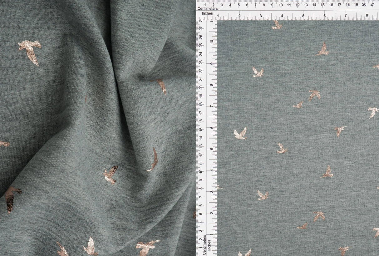 1 Yard Bird Foil French Terry Knit Fabric Soft Stretch 58/60 Inch Wide