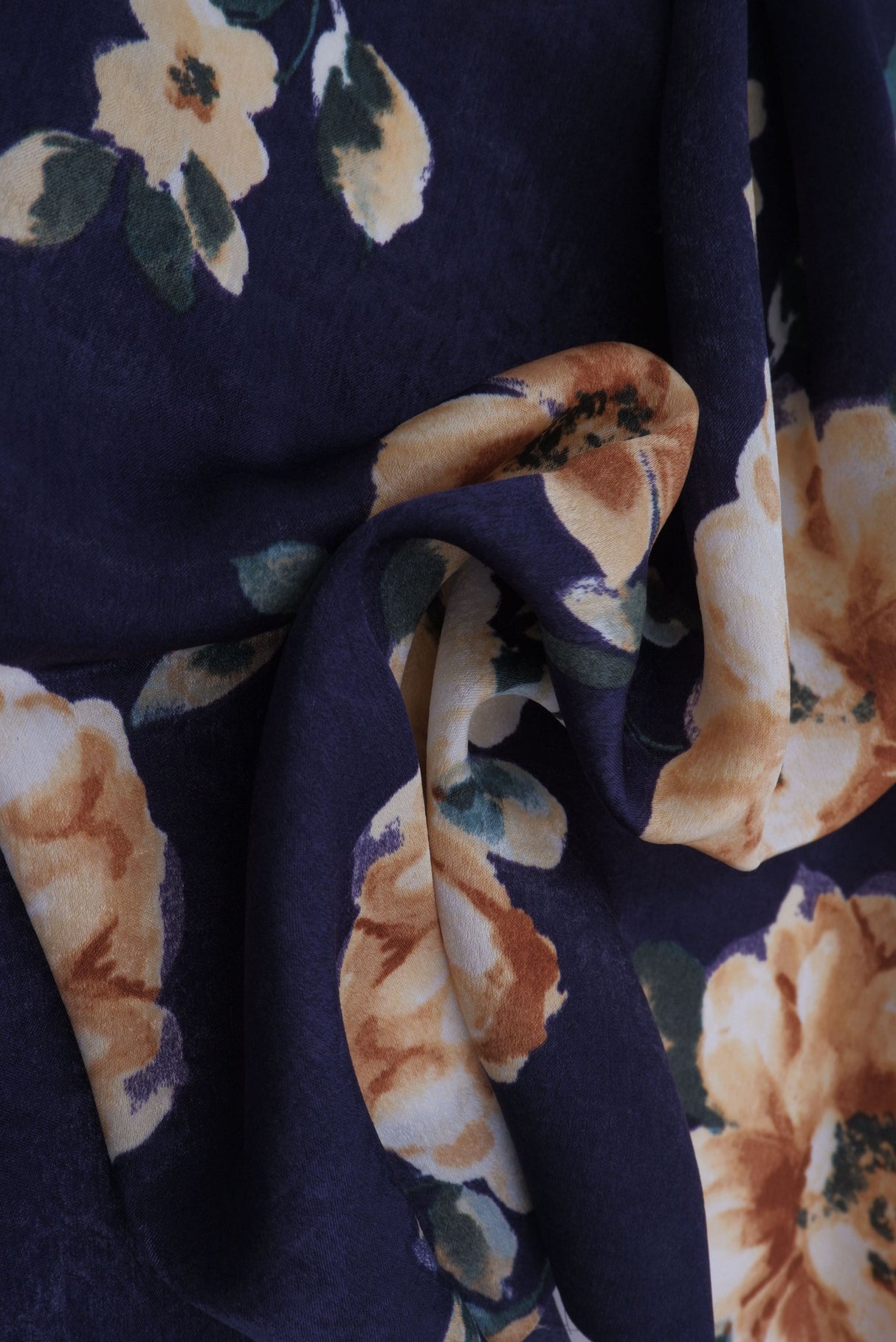 Floral Print Satin Woven Fabric Navy