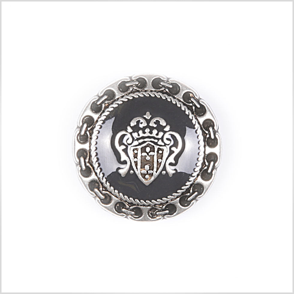 Metal Shank Back Blazer Button - 24L/15mm - Silver and Black Crest and Stitched Links Border
