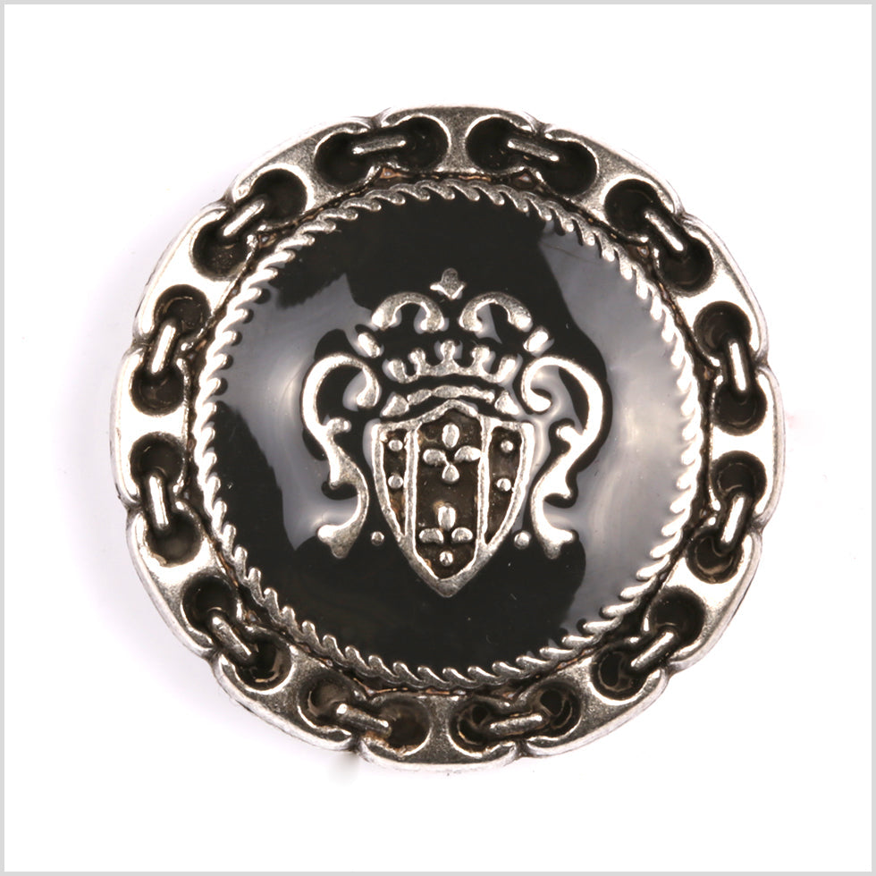 Metal Shank Back Blazer Button - 24L/15mm - Gunmetal and Black Crest and Stitched Links Border