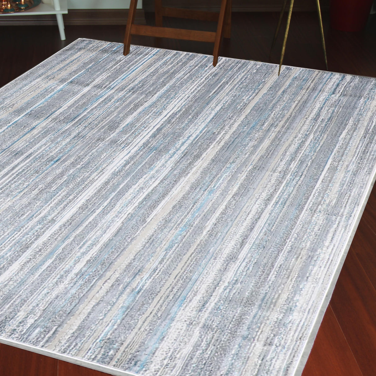 Shinny Shimmery Changing Lines Azure Blue Polyester Viscose Blend Area Rug Fabric - Changing Lines, Blue, 5' 3" X 7' 5" (1 Rug)