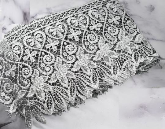 Embroidered Floral Trim Gray Metallic Venice Lace