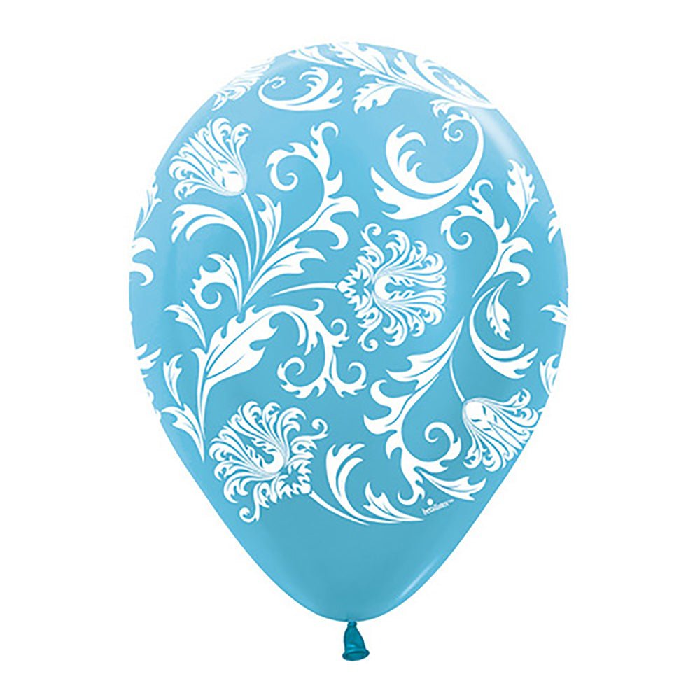 Printed Latex Balloons 11 Inch Damask Pearl Caribbean Blue