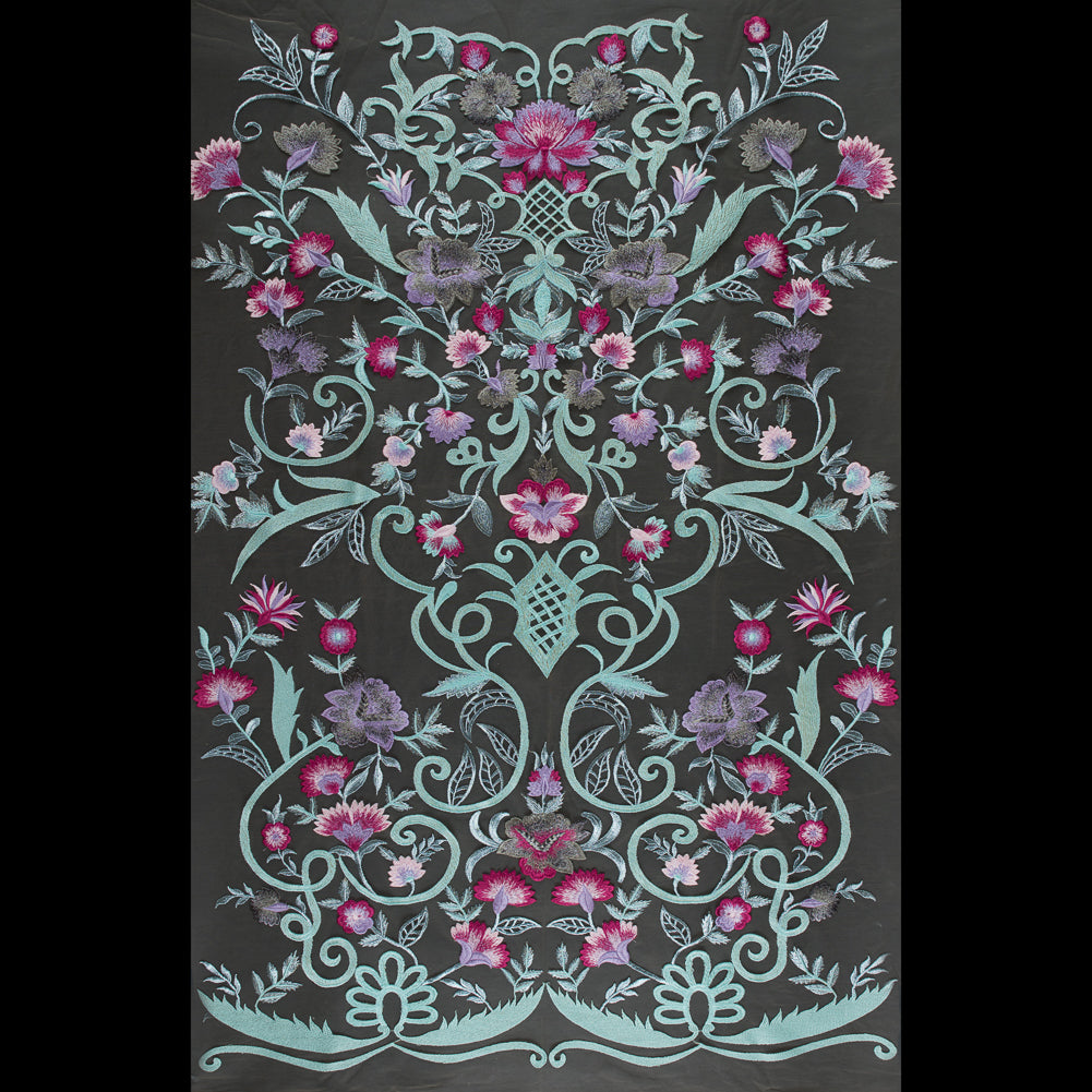 Embroidered Tulle Panel - Metallic Aqua and Fuchsia Floral