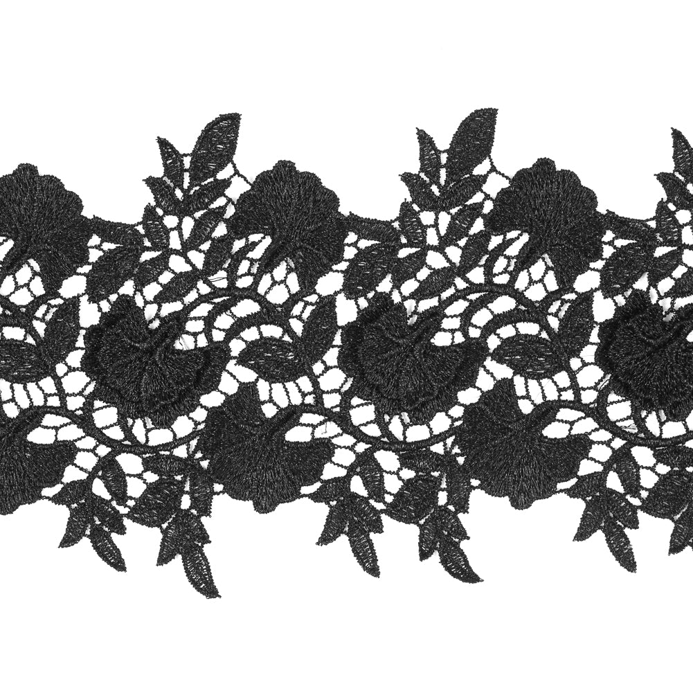 Metallic Black 3D Floral Lace Trim - 4"