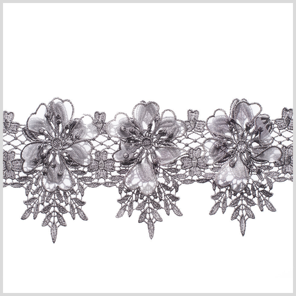 5" 3D Metallic Gunmetal Floral Lace Trim