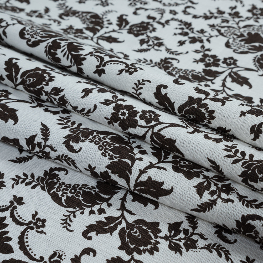 Brown and Lily White Damask Printed Linen Woven