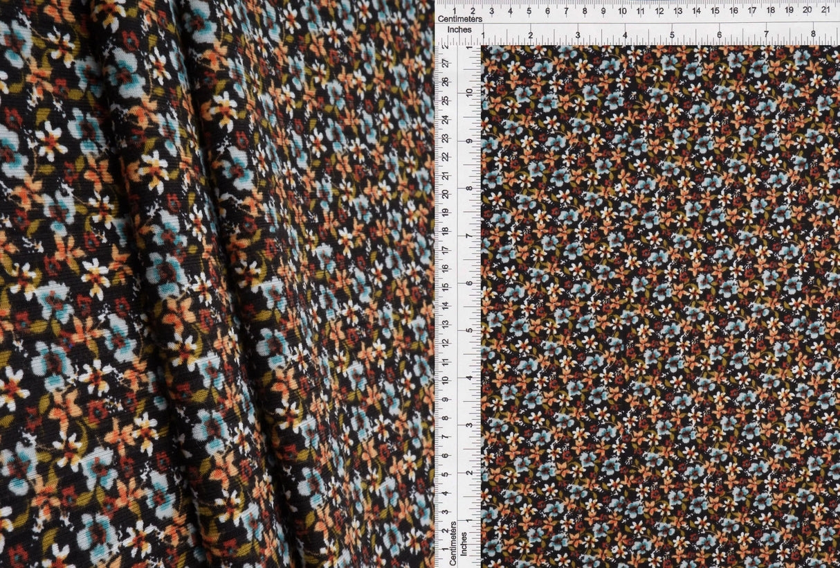 1 Yard Yummy Rib Ditsy Floral Knit Fabric 170 GSM, 58/59'' Wide Polyester Spandex Blend Black