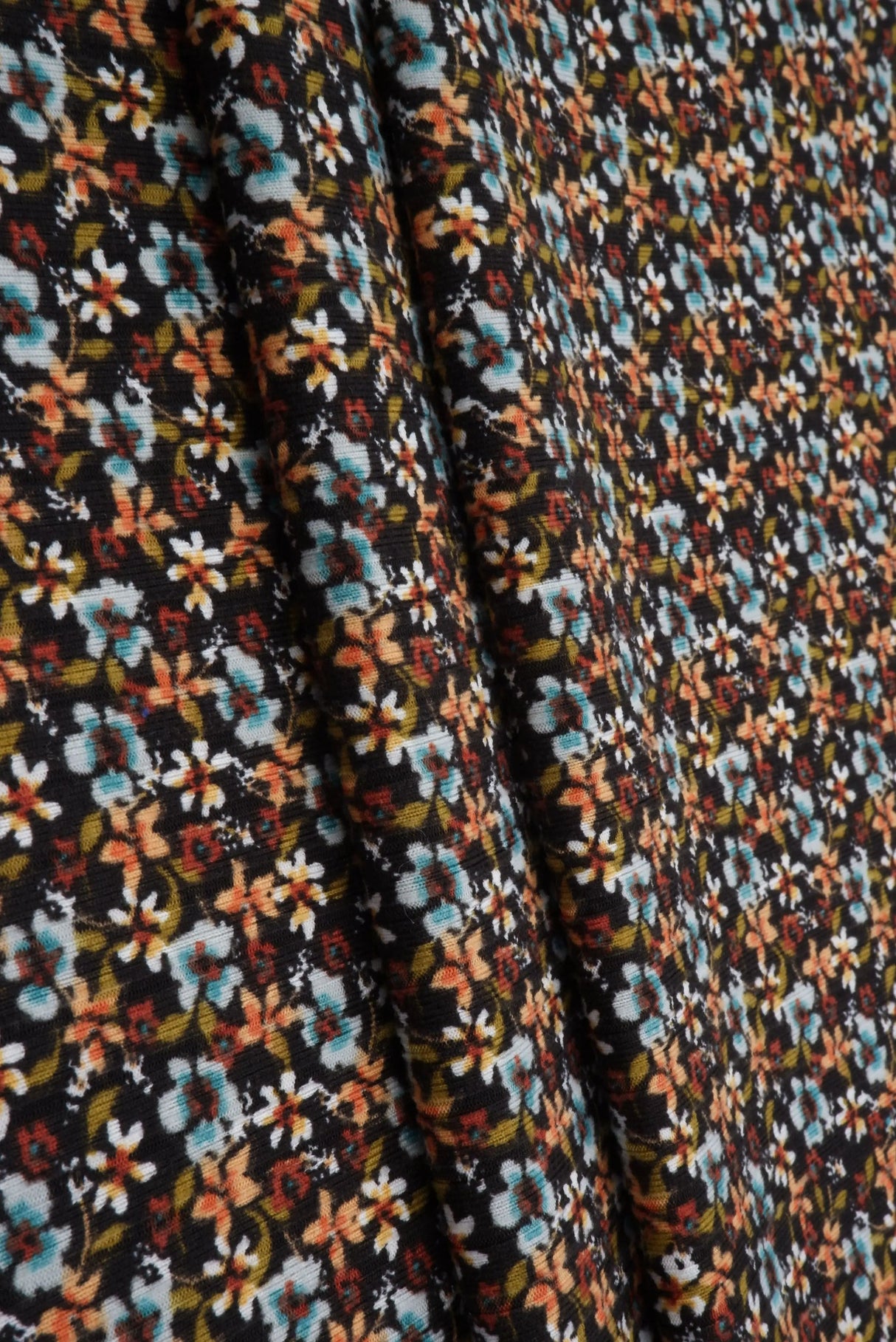 1 Yard Yummy Rib Ditsy Floral Knit Fabric 170 GSM, 58/59'' Wide Polyester Spandex Blend Black
