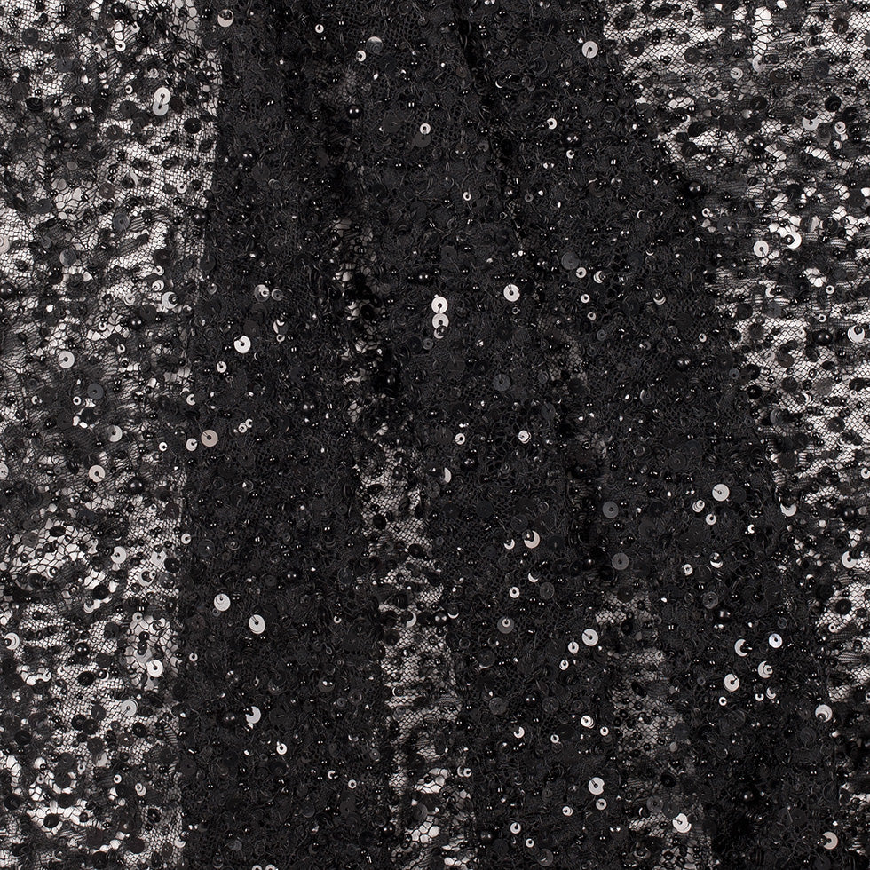 Beaded and Sequined Lace with Scallop Edge - Black Floral