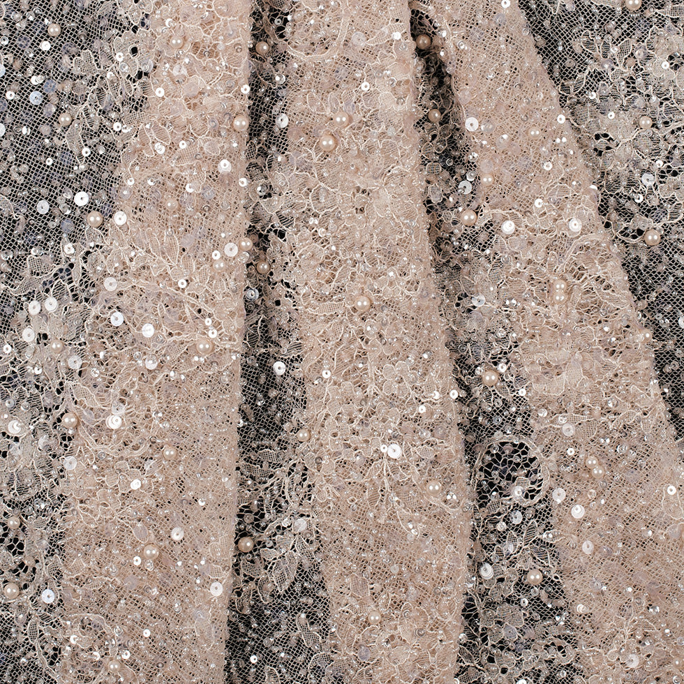 Beaded and Sequined Lace with Scallop Edge - Peach Floral