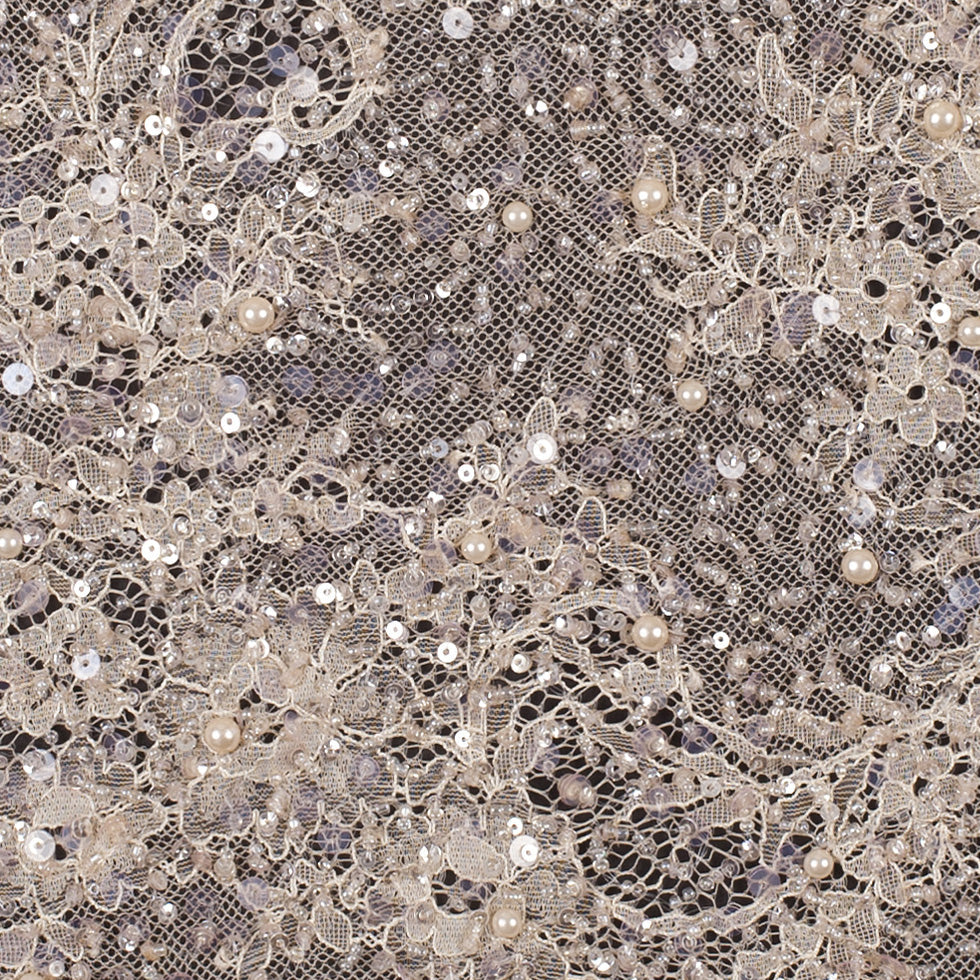 Beaded and Sequined Lace with Scallop Edge - Peach Floral
